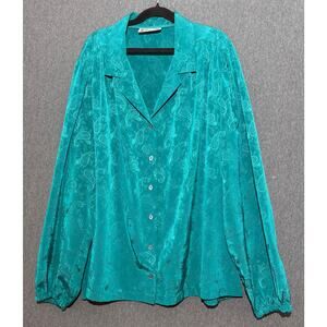 Frayne | Women VINTAGE Blue Green Teal Silky Button Down Long Sleeve Shirt | XL